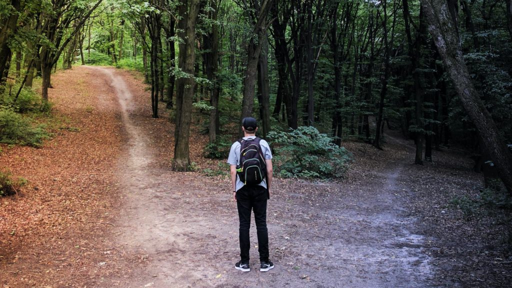 Man with backpack standing at fork in forest path one dark one light