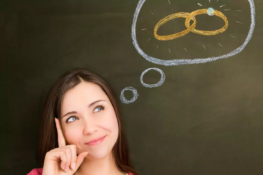 a woman with a thought bubble thinking about marriage