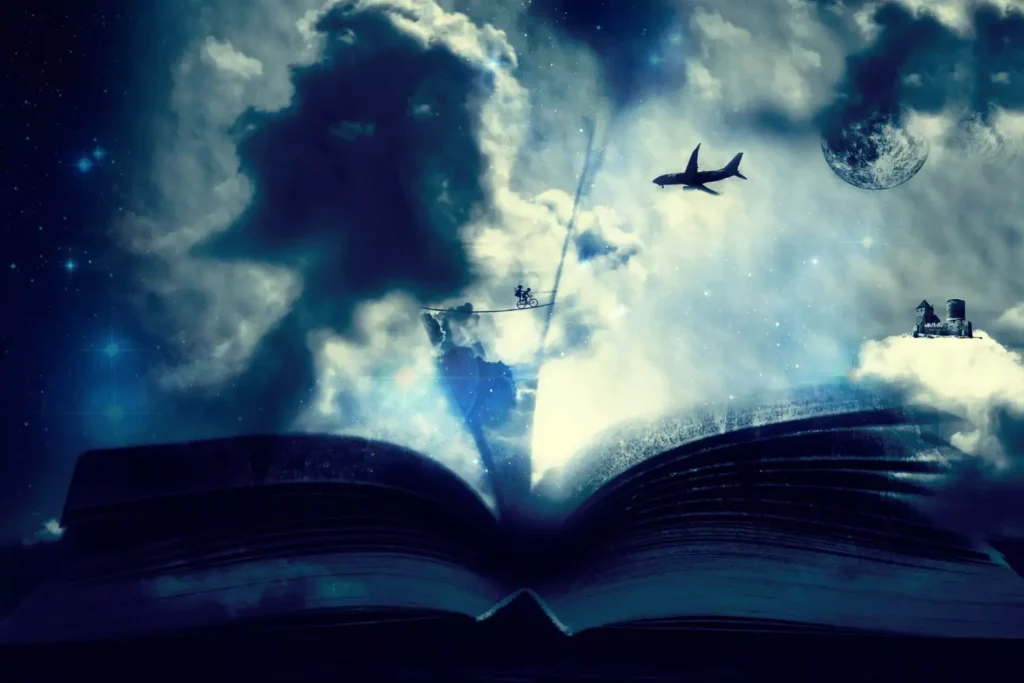a fiction book laying open with imagery of a plane, the moon and other objects in a cloud of skies coming out of the book