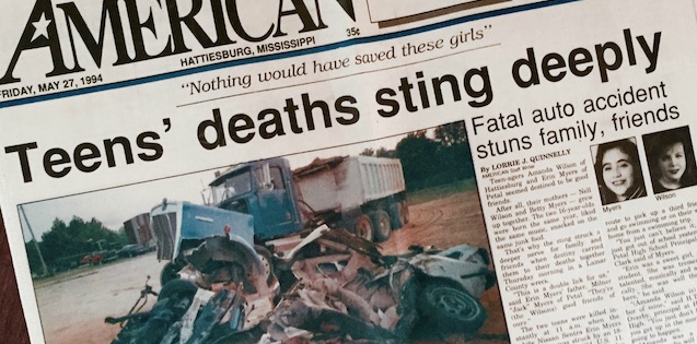 Newspaper headline reading Teens' Death Sting Deeply