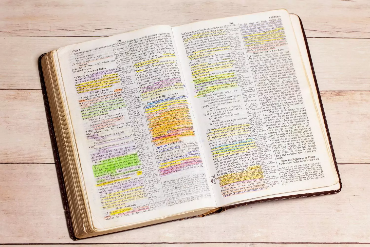 A Bible laying open on a table, with Scripture heavily highlighted