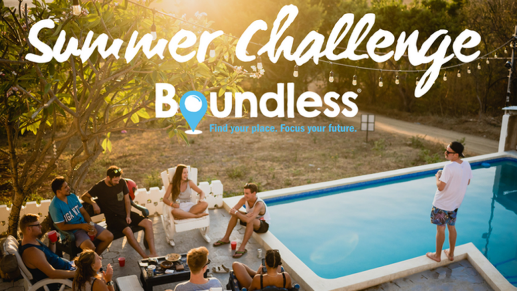 words "summer challenge" with background of friends sitting by pool