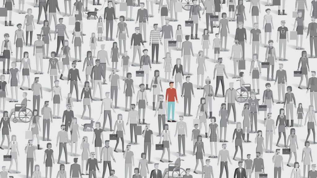 cartoon image of one person standing in a large crowd of people