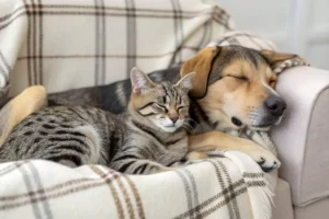 a picture of pets sitting on the couch