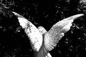 a black and white photo of an angel statue facing away from the camera surrounded by bushes. Spiritual warfare