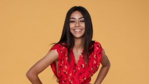 woman wearing red