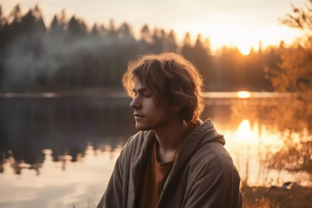 a guy sitting by a lake pondering the lies he's been believing