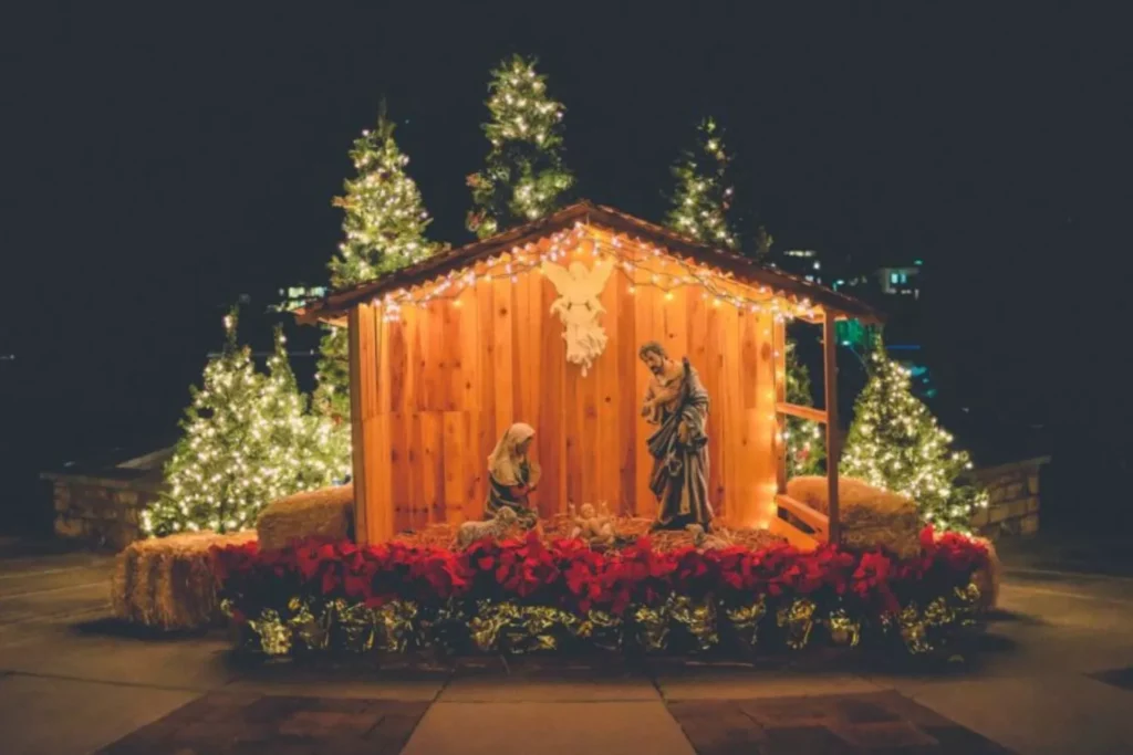 an outdoor nativity scene at Christmas time
