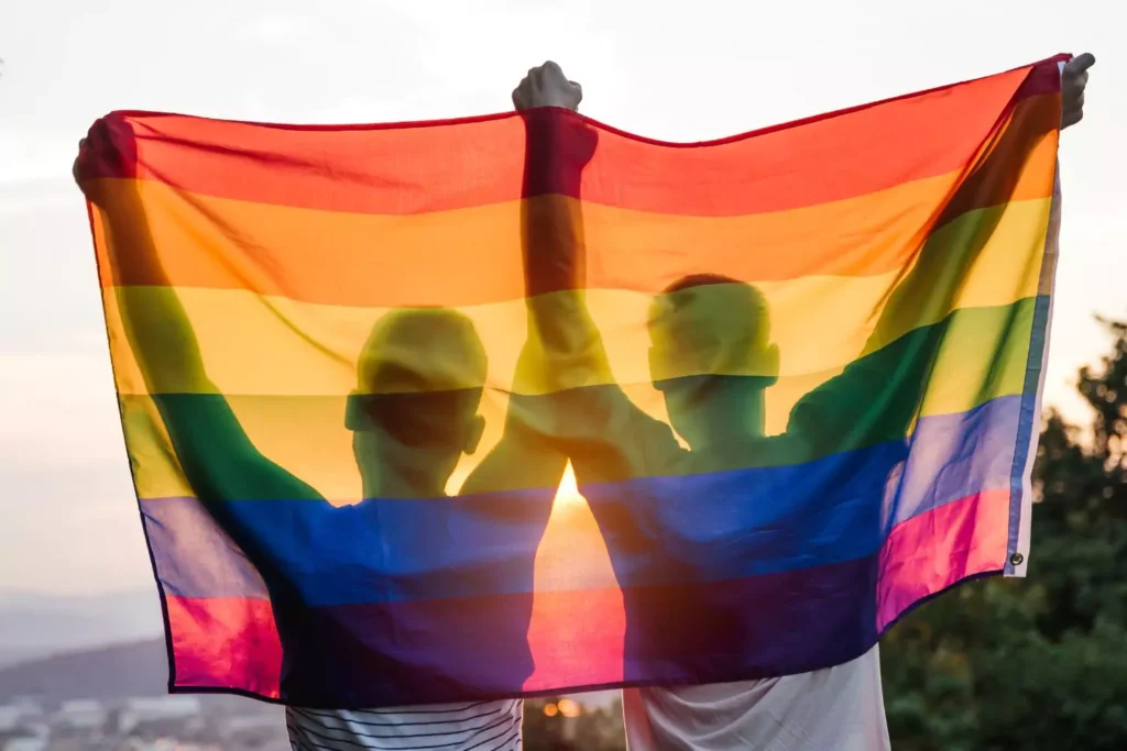 two men standing with a rainbow flag behind them - gay pride