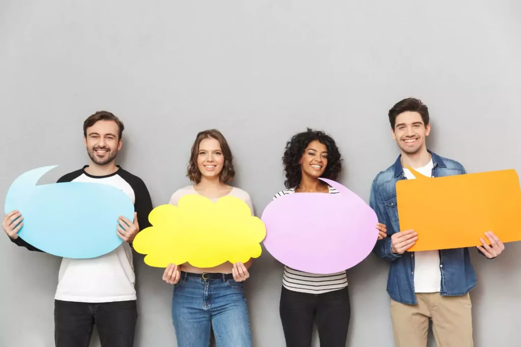 people holding "thought bubbles," share faith