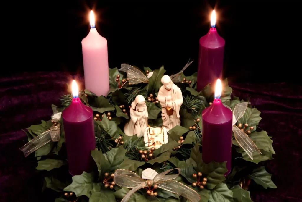 Advent Candles, wreath and small nativity scene
