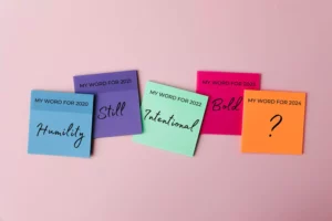 Sticky notes that say "my word for 2020" and other years