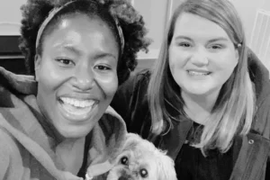 a black and white photo of Mandisa and Suzanne Gosselin