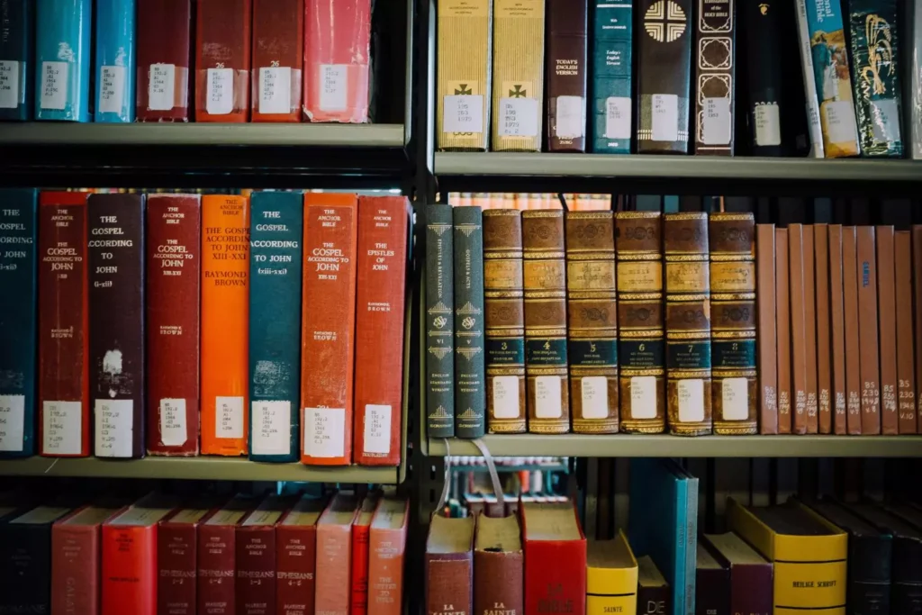 a library shelf of theological books